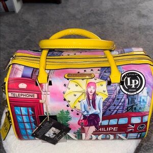 Yellow-Trim Printed Satchel Bag